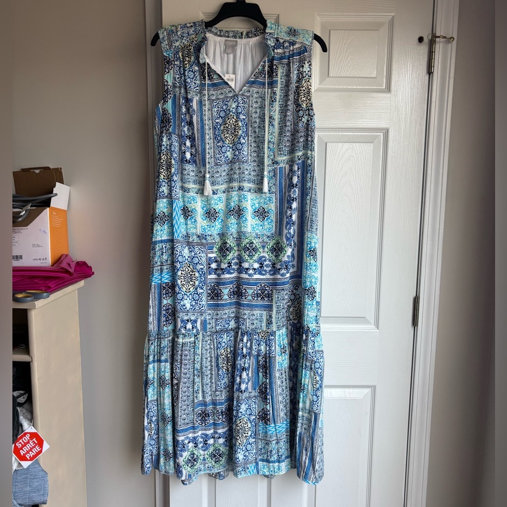 Chico's Blue and Aqua Patchwork Maxi Dress